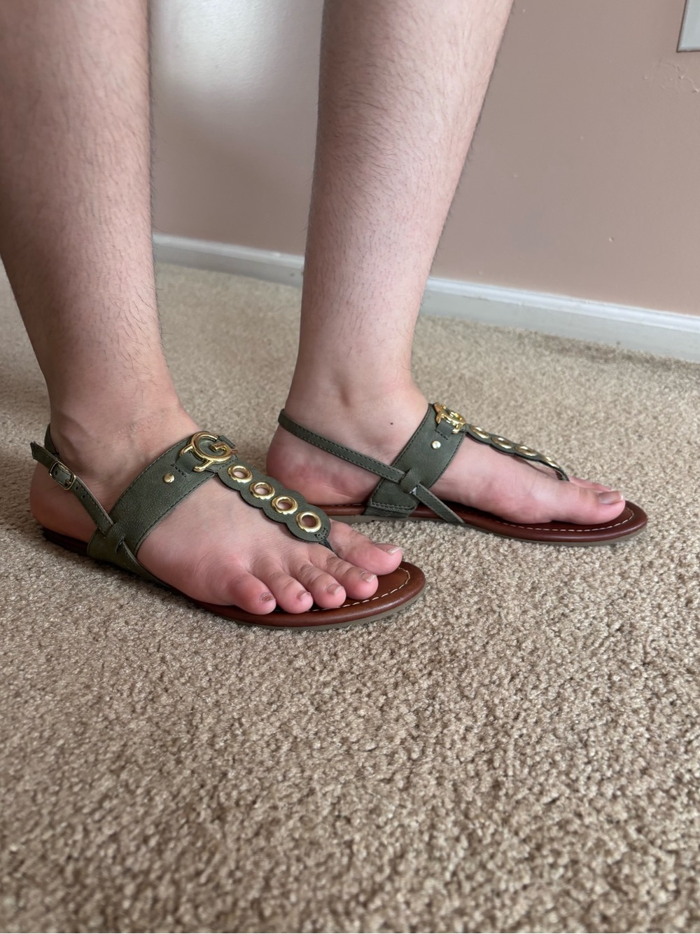G by Guess Olive Green Sandals with Gold Grommet Detail